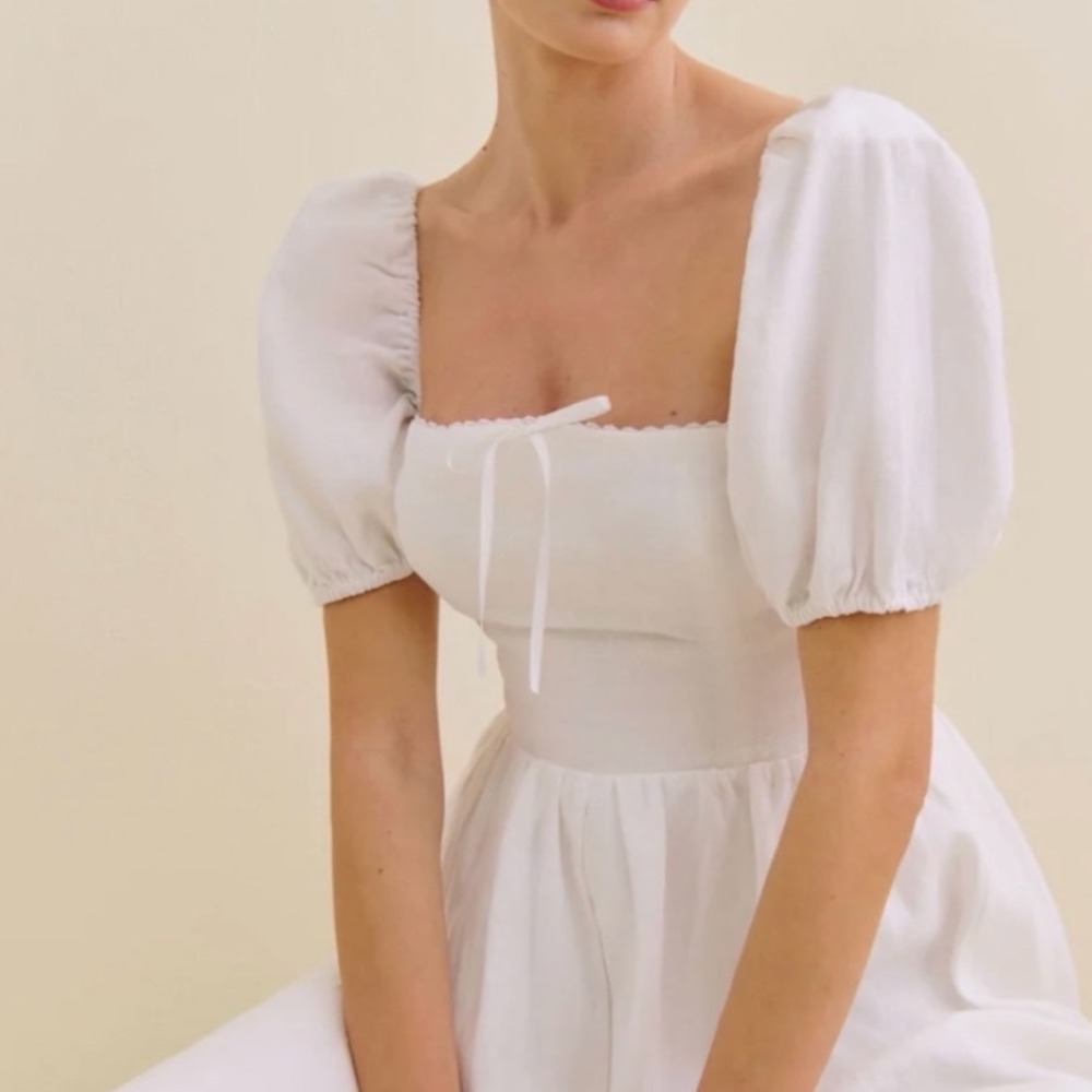 Reformation Marella White Linen Puff Sleeve Midi Graduation Dress Size 12